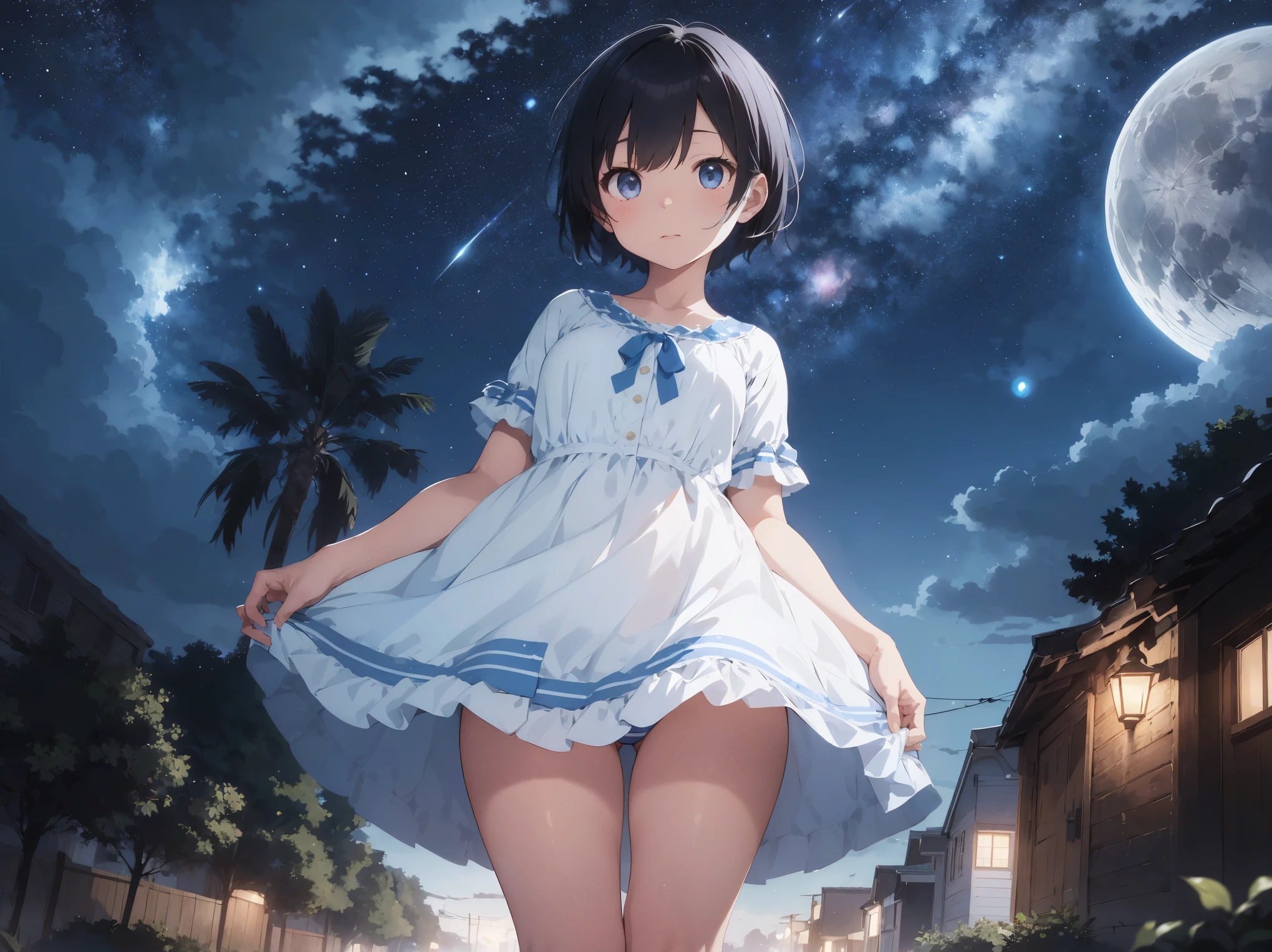 Anime girl in short dress standing on a street at night - SeaArt AI