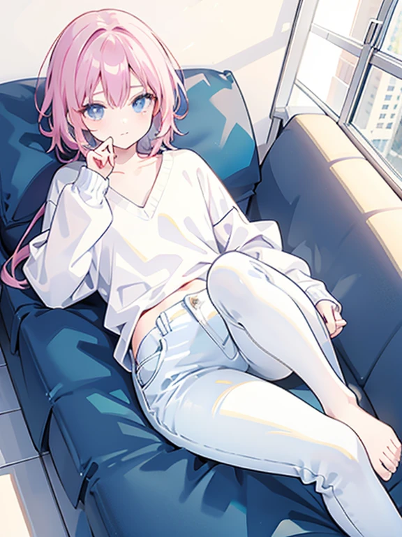masterpiece, highest quality,Wearing a sweater and jeans、Anime Boys,,no background, flat chest,Full body illustration, Shortcuts, Full body portrait, anime ,Casual clothing,lying down
