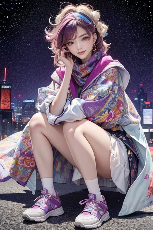 highest quality, Very detailed, masterpiece, 1 person,woman,(((完璧なwomanの体))),Very beautiful face, Very beautiful body,Gentle expression, Very beautiful eyes,(Perfect Makeup:1.1),Fashion Model,Cyberpunk Fashion,Curly Hair,Shaggy Hair,Purple-red and white-blue hair:1.3, Very thin body,Smart Abs, Monogram pattern,Gradation,Dress One Piece,Two-tone high-top sneakers,A kind smile,Full body portrait,(Night street background 1.3), (Shiny skin),(Earrings),Seesul,Colorful scarves,A long shawl with an intricate pattern,