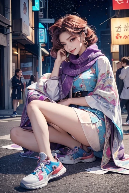 highest quality, Very detailed, masterpiece, 1 person,woman,(((完璧なwomanの体))),Very beautiful face, Very beautiful body,Gentle expression, Very beautiful eyes,(Perfect Makeup:1.1),Fashion Model,Cyberpunk Fashion,Curly Hair,Shaggy Hair,Purple-red and white-blue hair:1.3, Very thin body,Smart Abs, Monogram pattern,Gradation,Dress One Piece,Two-tone high-top sneakers,A kind smile,Full body portrait,(Night street background 1.3), (Shiny skin),(Earrings),Seesul,Colorful scarves,A long shawl with an intricate pattern,