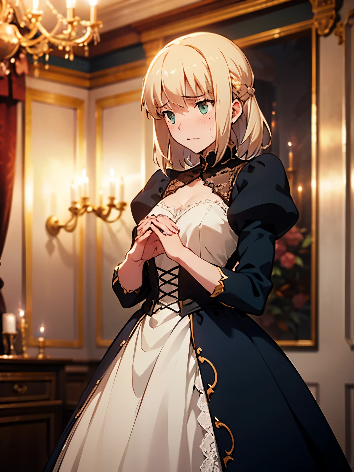NSFW,Faltria,Long dress,Lace dress,See-through,Embarrassed,blush,confused,(Perfect hands),(Perfect Anatomy),(masterpiece),(highest quality),Luxury Room,chandelier,party