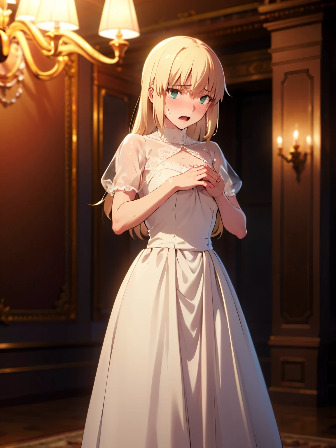 NSFW,Faltria,Long dress,Lace dress,See-through,Embarrassed,blush,confused,(Perfect hands),(Perfect Anatomy),(masterpiece),(highest quality),Luxury Room,chandelier,party