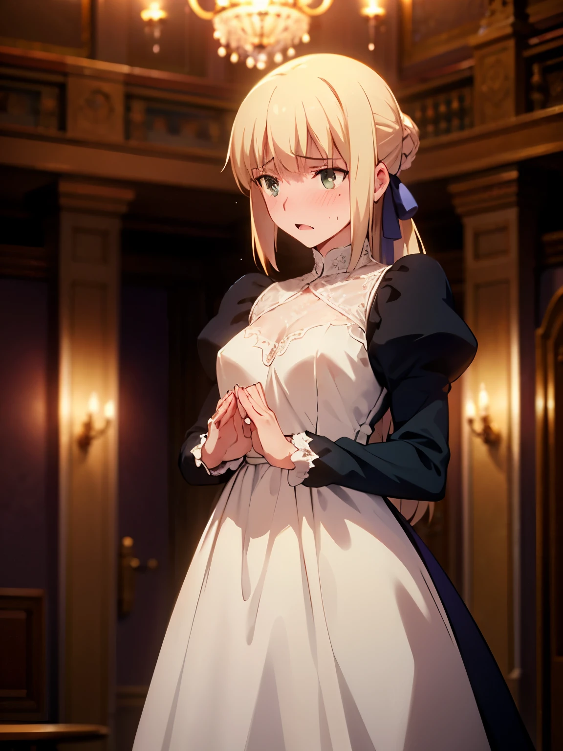 NSFW,Faltria,Long dress,Lace dress,See-through,Embarrassed,blush,confused,(Perfect hands),(Perfect Anatomy),(masterpiece),(highest quality),Luxury Room,chandelier,party