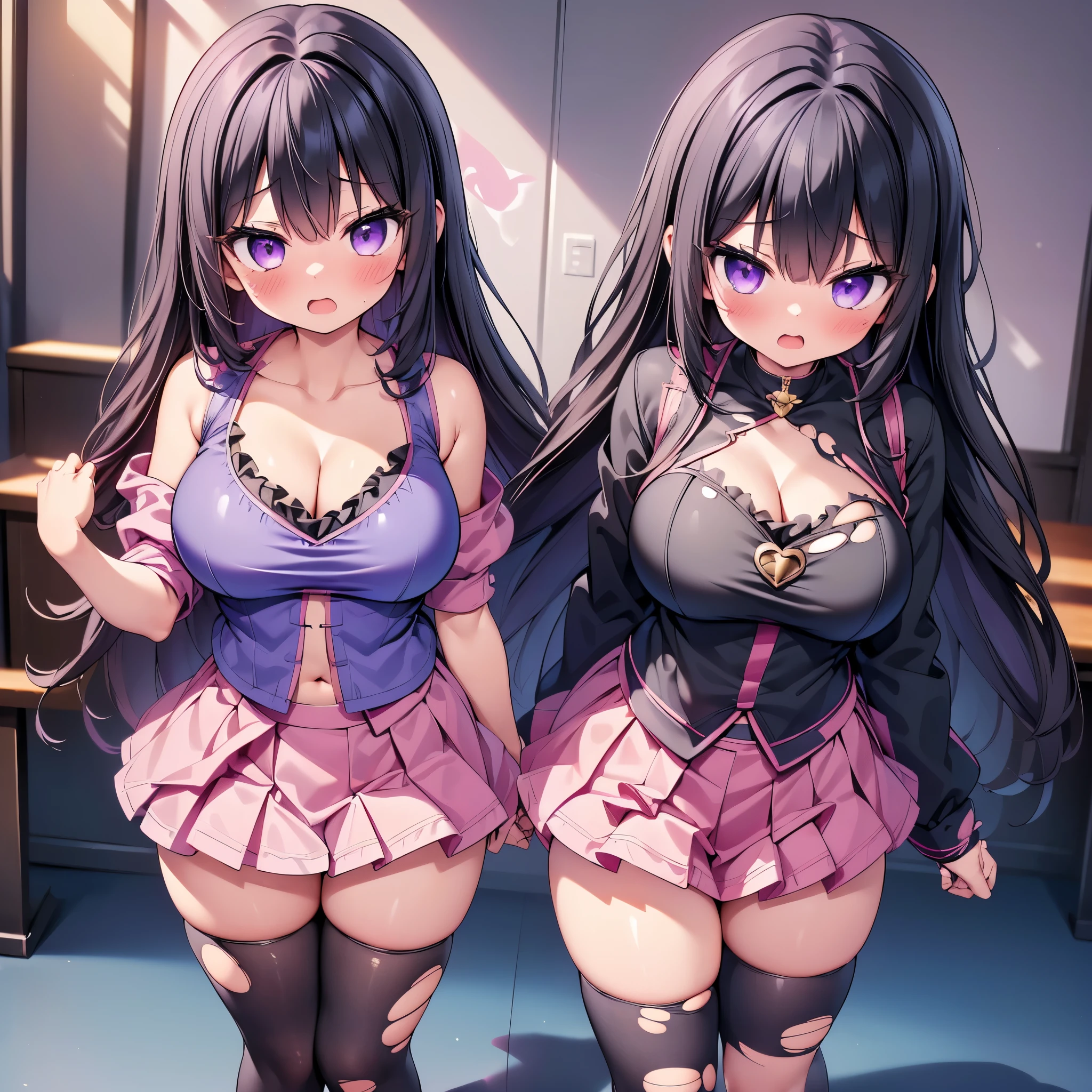 (8K、Best image quality、highest quality、masterpiece)、Detailed face、(2 girls, Black Hair, Purple Eyes, long hair)、Improve、 (magical pink girl outfit,frill mini skirt:1.2),  (skinny body:1.1), (huge breasts:1.2), (cleavage cutout), (torn clothes:1.6), (open mouth), (embarrassed), Classroom Background, (black stockings:1.2), (Thighs:1.2), (Waistline), (from above:1.2)