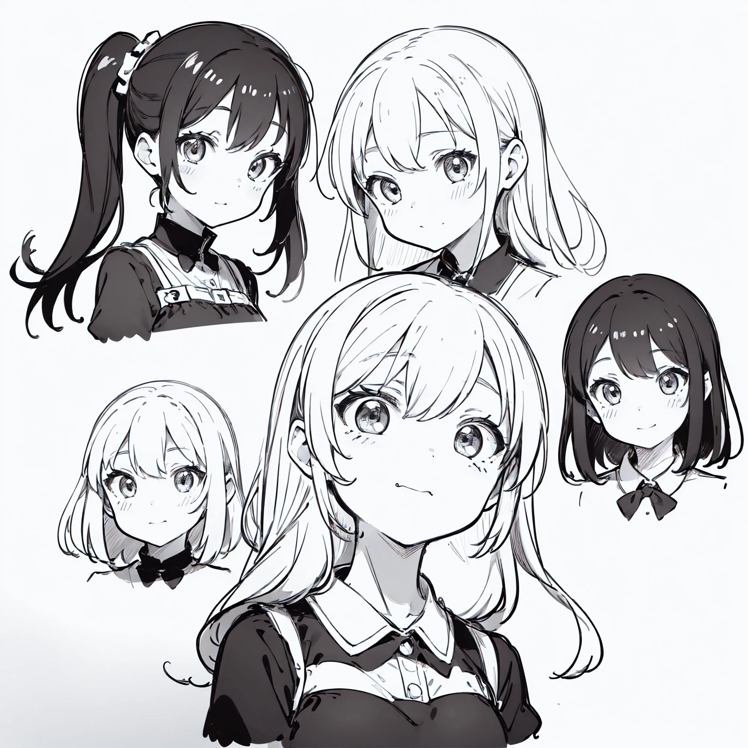 ((masterpiece)),(((best quality))),((((sketch)))),((monochrome)),cute girl, Emoji Pack, 9 emojis, Emoticon table, Multiple poses and expressions, Anthropomorphic style, disney style, Black brush strokes, Different emotions,Multiple pos and expressions, 8k, (Simple background, White background: 1.3), --6