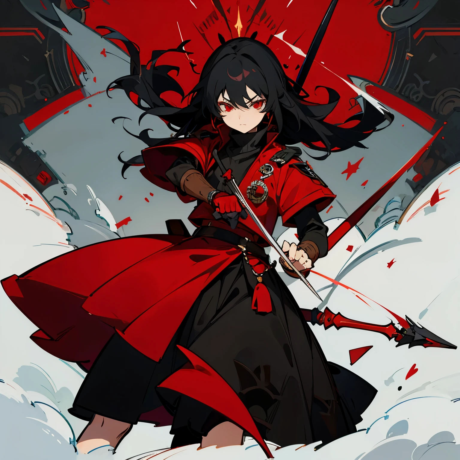 black hair,Black,juvenile,red eye,red accessories,Holding a black spear,The look was cold