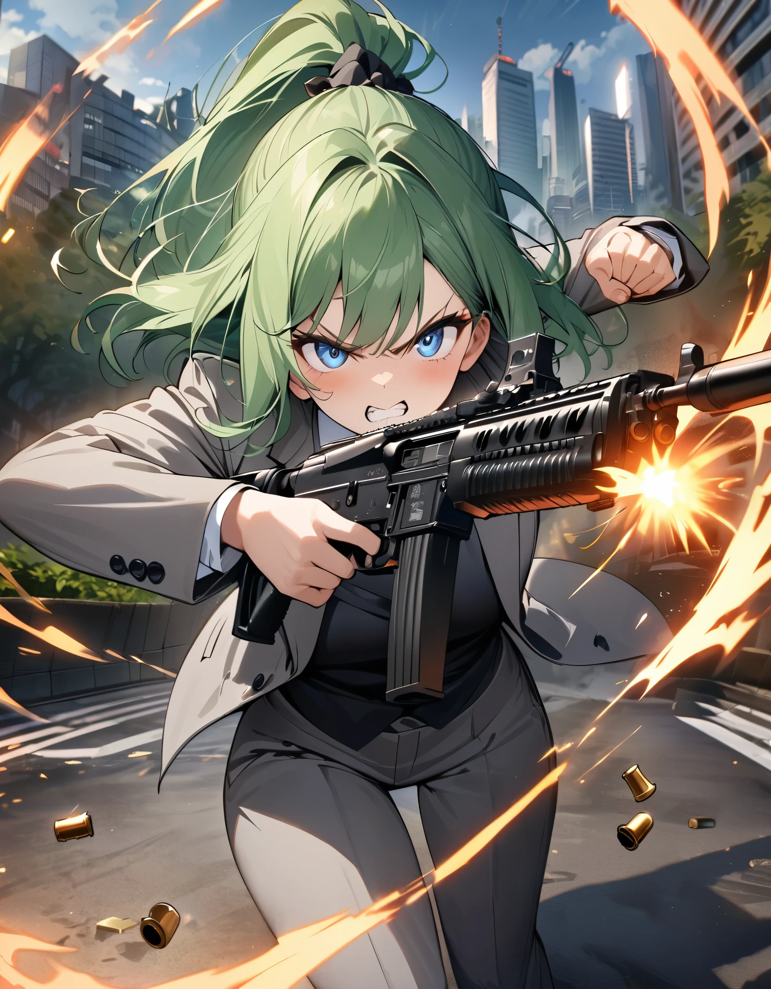masterpiece, best quality, highres, 1girl, solo, solo focus, green hair, medium hair, ponytail, bangs, blue eyes, beautiful detailed eyes, beautiful detailed face, cute face. angry, clenched teeth. light grey suit and tie, matching pants, slacks, black dress shoes. dynamic action pose. tokyo city backdrop, outdoors. using and firing an assault rifle, (shell casings coming from the rifle), finger on trigger, perfect hand, perfect hands. cowboy shot. action atmosphere. (a gigantic bug monster sneaks behind her).