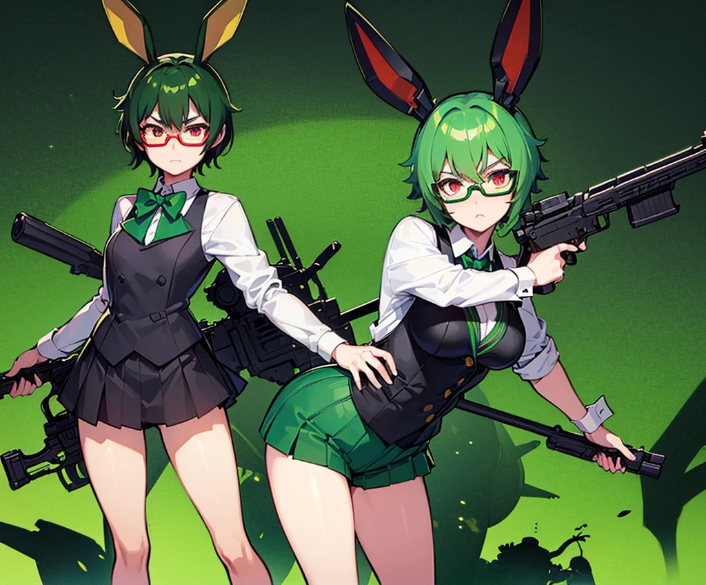 (((green short hair))), Black glasses without a frame on topanime, rabbit ears, green short hair, red eyes, (japanese anime style), (((long guns))), japanese school girl suit, ery detailed CG unified 8k wallpaper, very fine 8KCG wallpaper, hyper quality,