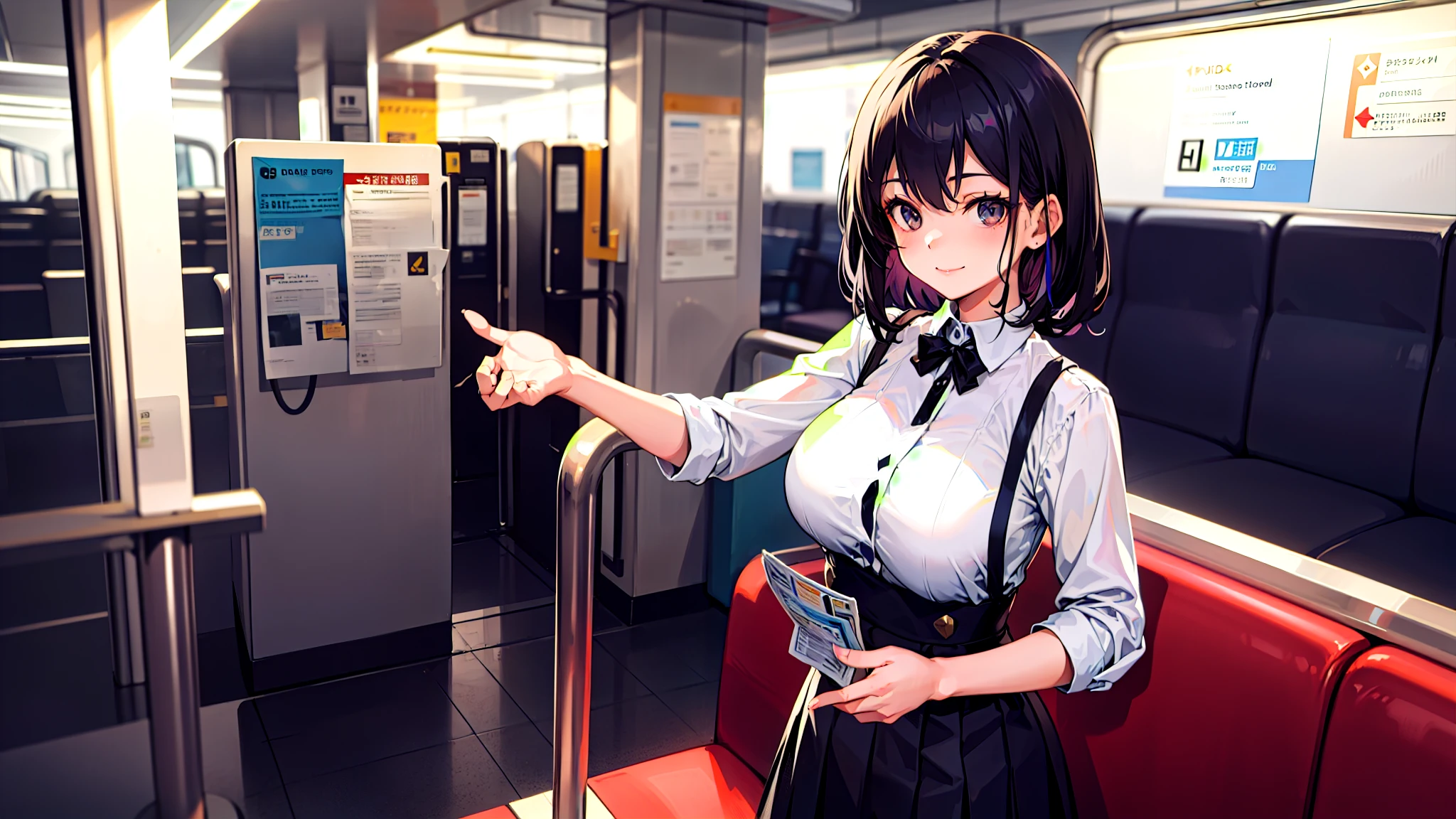 One girl、super quality、A black-haired high school girl smiling as she passes through the train ticket barrier、smile、Nice body、the skirt is short,、Ultra HD、amazing