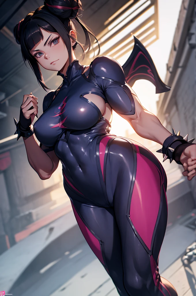 melhor qualidade,roupa azul,juri han,solo, masterpiece, best quality, agrias, grey sweater, black leotard, standing, looking at viewer, short hair,oculos,evil smile, evil look,luvas preta,roupa azul,yandere rosto,low lighting,coxa sarada copo detalhado,olhando para frente juri han,bela
