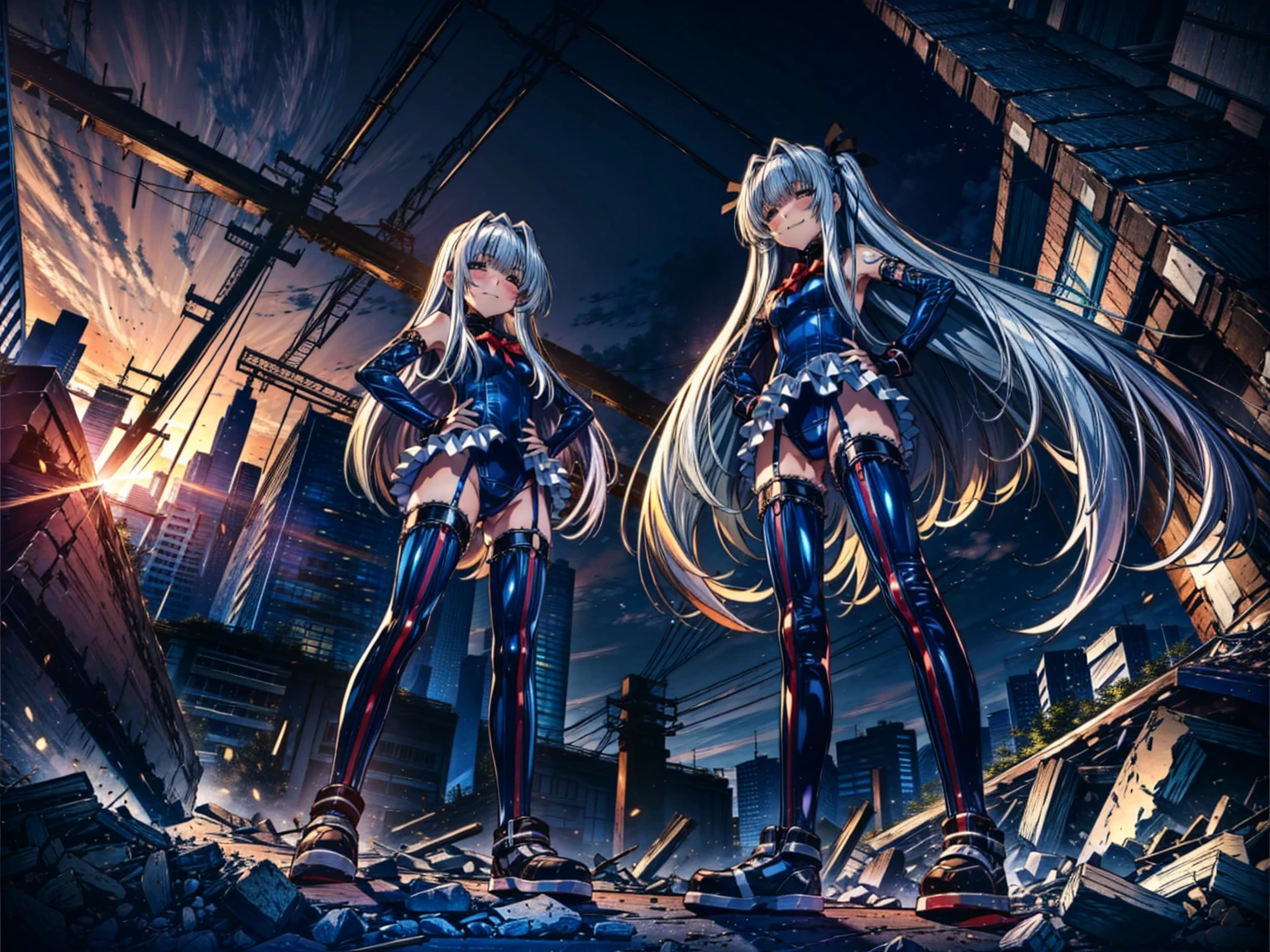 4k,perfect anatomy, highest quality, rose,evil smile,provocative attitude
,(ung Girls greet dawn on top of a pile of rubble:1.1),evil smile,anime style,(white ruffle swimsuit, Thighhighs, removed sleeve), (anime style:1.4) ,
silver hair,(white fingers:1.1,black gloves),very long hair,evil aura,(from below:1.4),put both hands on hips,hypnoLora、
empty eyes,full body