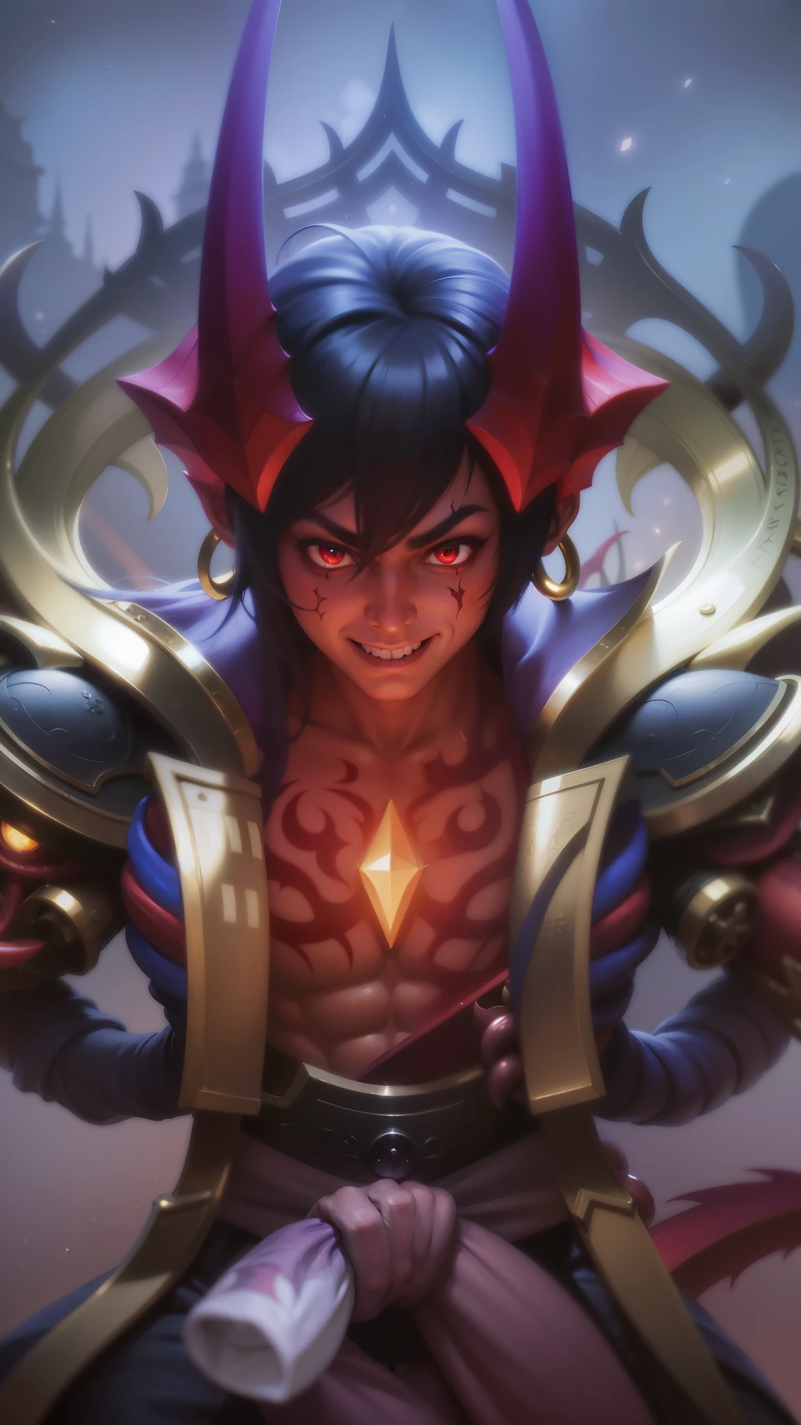 boy with purple hair and red shirt holding a purple ball, Masterpiece, ultra HD, detailed all picture, a close up of a devil, dyrroth from mobile legend, evil, extremely detailed artgerm, mobile legends character, inspired by Dyrroth, Six pack chest and abs, black jewel above the chest, red eyes, glare.