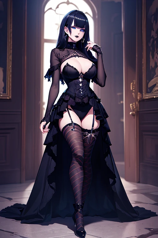 Full body image of a beautiful gothic girl, grandes pechos y gran trasero, gothic makeup voluminous lips blue eyes white skin and slender body with thin waist, caderas anchas, Nude thick thighs showing awesome tits and pussy