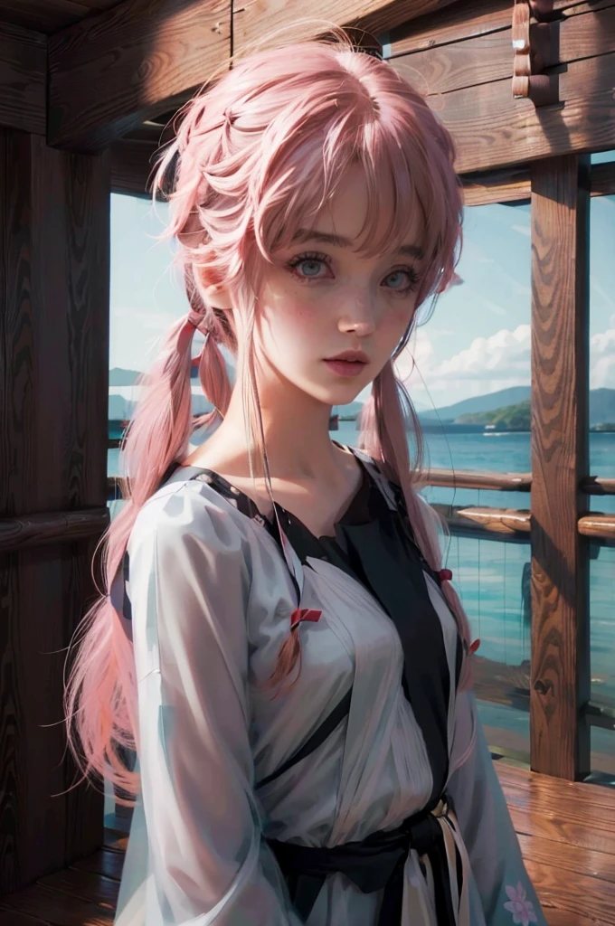 ((Obra-Prima)), digital ART, high resolution, Yuno Gasai, cabelo longo, Yuno Gasai from Future Dairy, ART realista, olhos lilases, Pink beautiful eyes, solo, 1girl, fundo floral bem iluminado