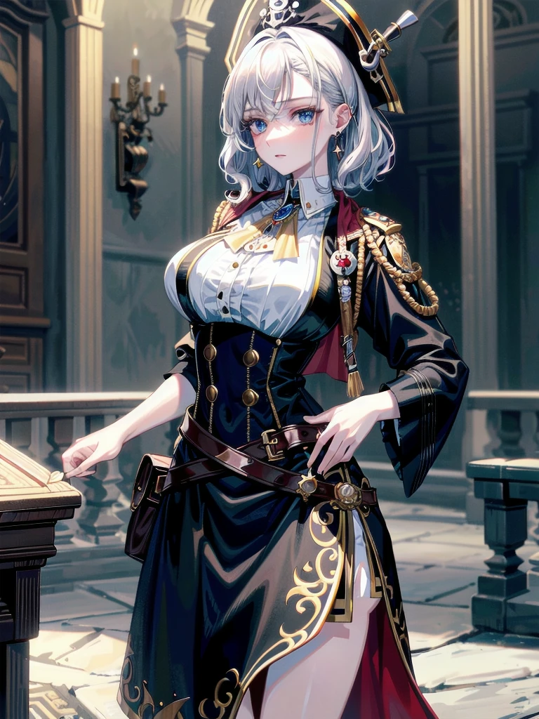 absurdres, RAW photo, extremely delicate and beautiful, masterpiece, Best Quality, ultra high resolution, 32k, hyperrealistic, ultra-detailed, detailed description, pale skin, 20 years old, tearful mole, earring, Colossal tits, short medium hair, wavy hair, Practical pirate clothing, Long-sleeved pirate top, Skirt,