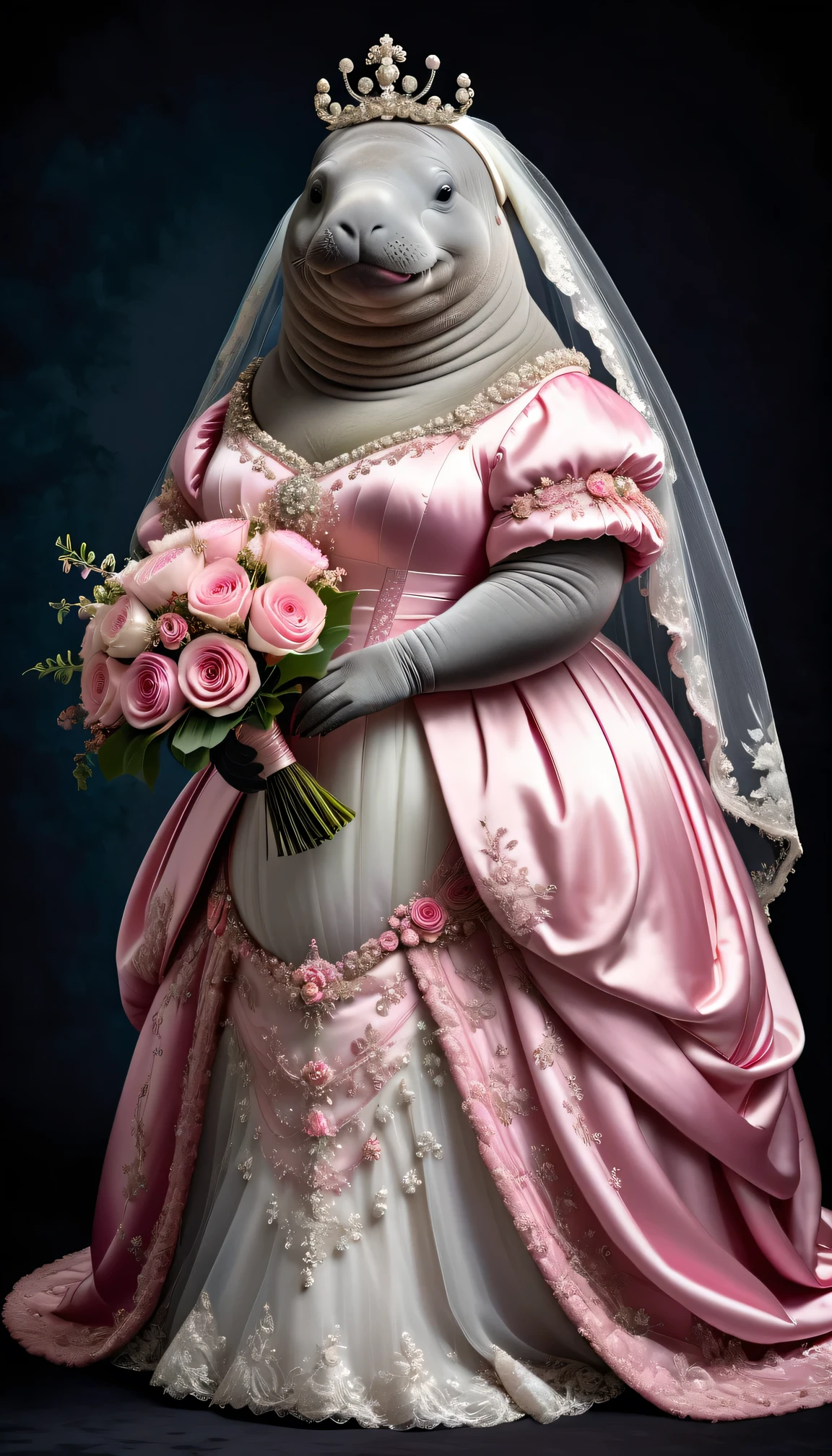 photorealistic portrait of Dressed animals - a ((fat)) manatee bride,(elegant pose),(smile),(furry), high quality,(lovely) ,intricate details, highly detailed (gothic pink wedding dress)),wearing opera globes ,wearing highly detailed veil, highly detailed decorations ,holding flower bouquet, (happy), studio lighting,(full body image:2.0)