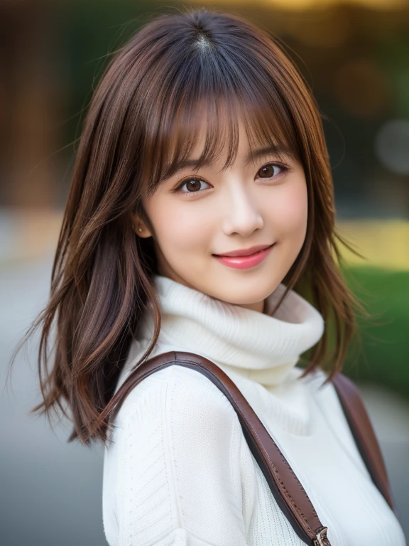 (masterpiece, highest quality:1.3), (Ultra-detailed 8K:1.2), (hyperrealistic:1.35),(Raw photo:1.2),highest quality, High resolution, wallpaper, realistic BREAK product quality, 1 girl, (full shot:1.5), front view, a Japanese beautiful girl, long bob hair,smile, wearing a white turtleneck sweater, carrying a shoulder bag over her shoulder, hyper cute face, glossy lips, natural makeup, shiny smooth light brown hair of long bob hair, asymmetrical bangs, detailed hairstyle, detailed face, cinematic lighting, octane rendering,perfect limbs, perfect anatomy