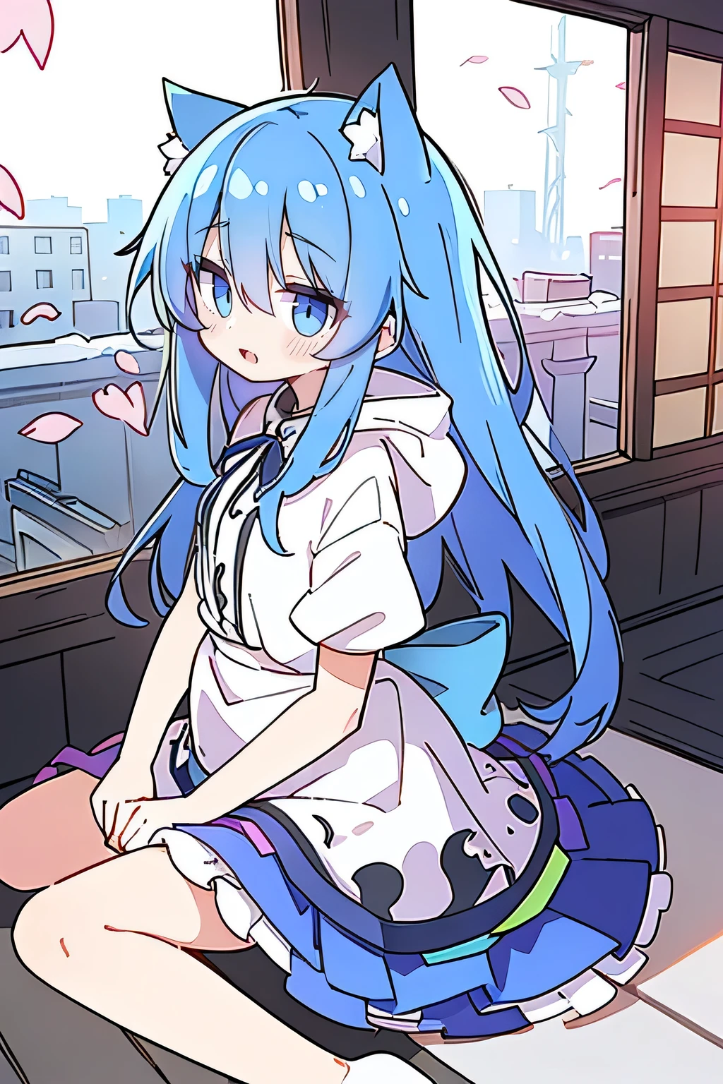 （masterpiece：1.2），Super detailed，lifelike，Expressive eyes，fair skin，perfect face shape，1 girl，
Japanese comics,Gorgeous blue hair,flowing blue hair,flowing clothes,Cat ears,Petals fall,beautiful lola,Baby Angel,
Shaking head with one hand，Cross your legs，Gentle and peaceful background，The pavilion is cool and comfortable,smile, wearing hoodie, background of tokyo,back views,snowing, winter.