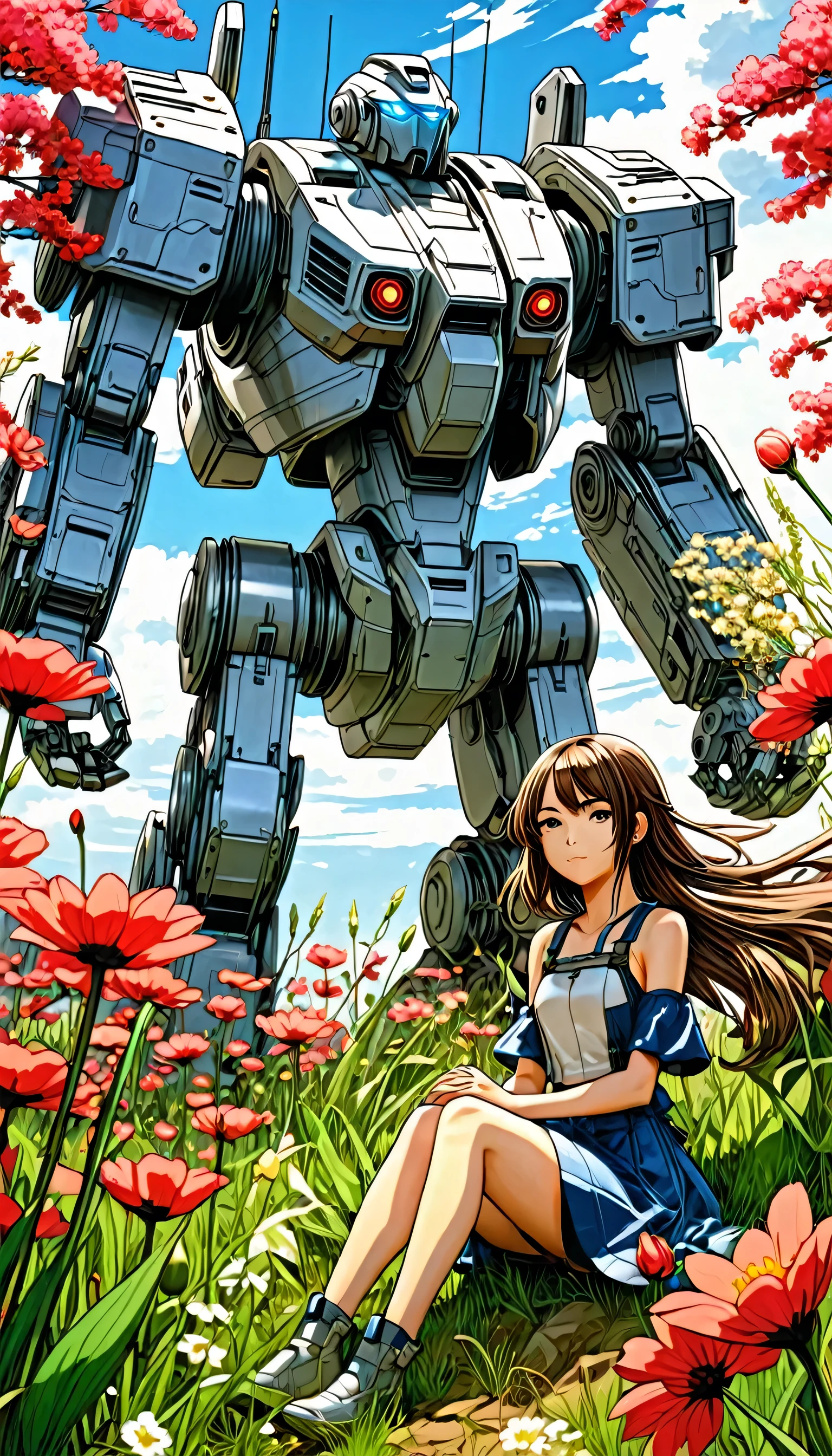 Anime line art, anime girl collects beautiful flowers in the field, next to her is guarded by a large high-tech combat Mech sitting in a clearing, line art, Anime line art