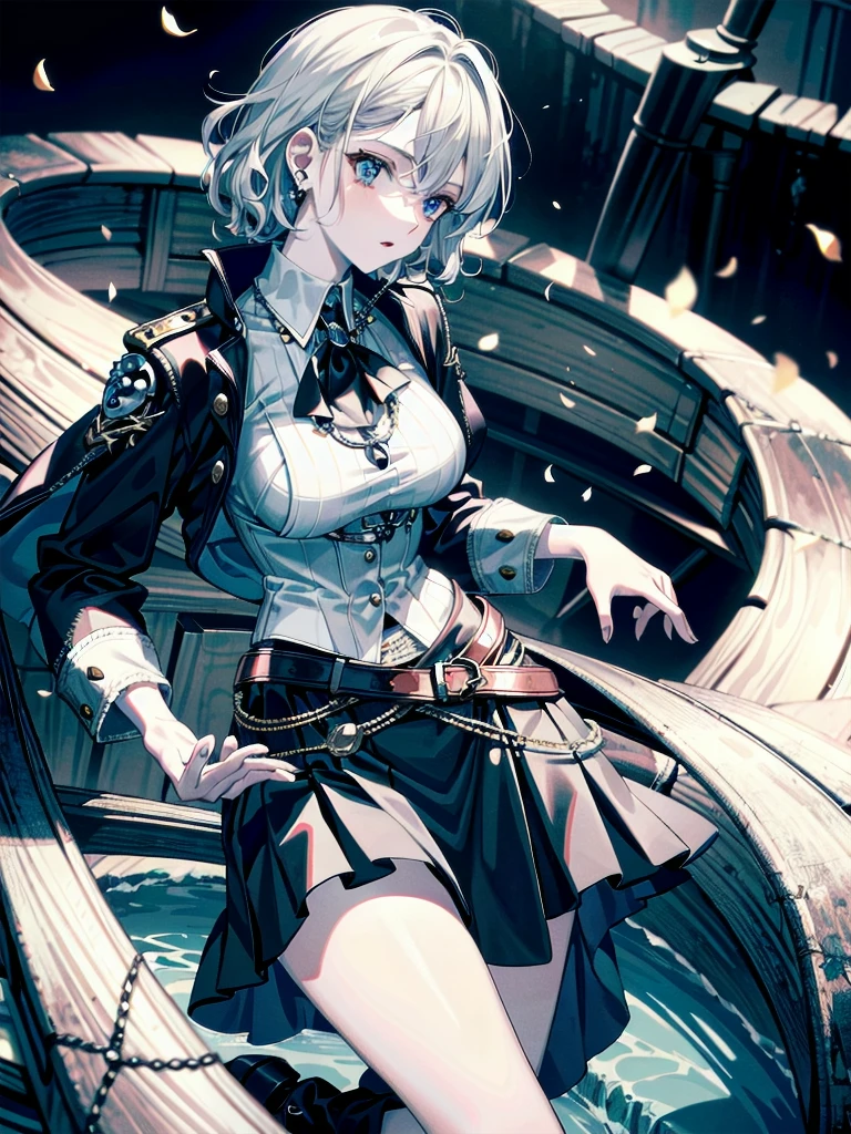 absurdres, RAW photo, extremely delicate and beautiful, masterpiece, Best Quality, ultra high resolution, 32k, hyperrealistic, ultra-detailed, detailed description, pale skin, 20 years old, tearful mole, earring, Colossal tits, short medium hair, wavy hair, Practical pirate clothing, Long-sleeved pirate top, Skirt,