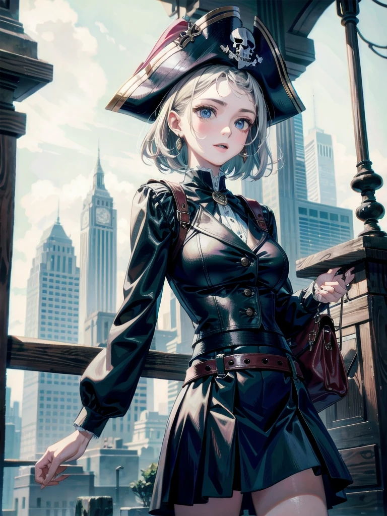 absurdres, RAW photo, extremely delicate and beautiful, masterpiece, Best Quality, ultra high resolution, 32k, hyperrealistic, ultra-detailed, detailed description, pale skin, 20 years old, tearful mole, earring, Colossal tits, short medium hair, wavy hair, Practical pirate clothing, Long-sleeved pirate top, Skirt,