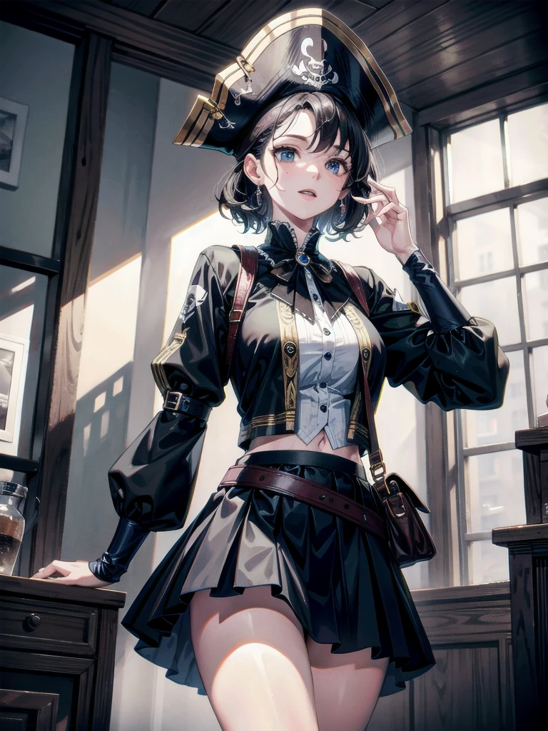 absurdres, RAW photo, extremely delicate and beautiful, masterpiece, Best Quality, ultra high resolution, 32k, hyperrealistic, ultra-detailed, detailed description, pale skin, 20 years old, tearful mole, earring, Colossal tits, short medium hair, wavy hair, Practical pirate clothing, Long-sleeved pirate top, Skirt,