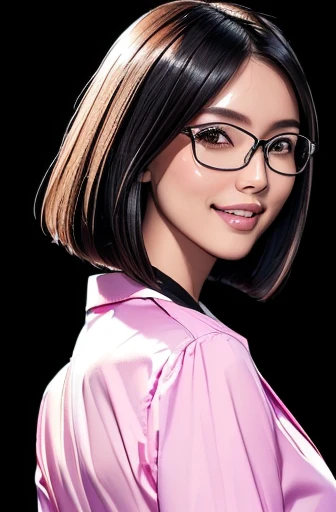 (masterpiece), (8k, best quality, high resolution), (ultra-detailed, realistic), (anatomically correct),
((Portrait)), (Standing), (((looking back))), (No background),
(1woman), (looking at viewer), (show your back),
(A Japanese woman, 30 years old and 155cm tall.),
(black hair), (straight hair), (short hair style), (bob cut), (hair behind ears),
(wear glasses), ((black cell frame glasses)),
((Wear a pink business shirt)),
(Create a detailed image of the eye),
(Her impression is pure, clean and kind.),
((A captivating smile, just showing a few teeth.)),
