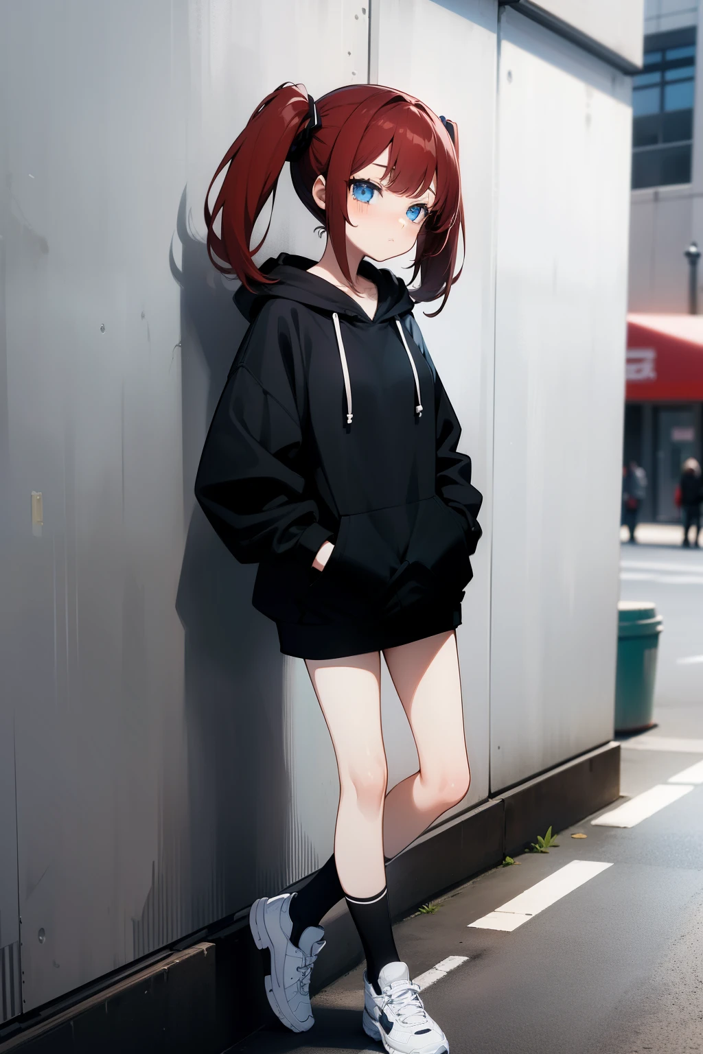 ((Masterpiece, highest quality)), detailed face, cute anime girl, dark red hair in twintails, large blue eyes, emotionless expression, hands in pockets, large black hoodie, bare legs, black and white ed socks, outside on street in shade