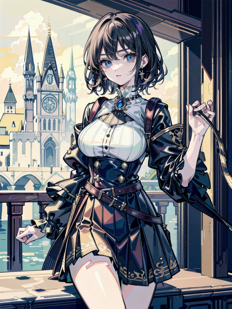 absurdres, RAW photo, extremely delicate and beautiful, masterpiece, Best Quality, ultra high resolution, 32k, hyperrealistic, ultra-detailed, detailed description, pale skin, 20 years old, tearful mole, earring, Colossal tits, short medium hair, wavy hair, Practical pirate clothing, Long-sleeved pirate top, Skirt,