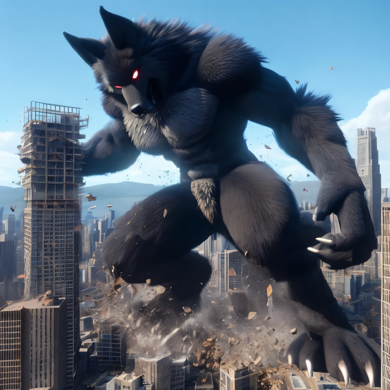 
A fullbody, gigantic, macro, muscular, anthropomorphic wolf with muscular man feature who stand on 
 a borken road with an action pose about to fight
 Wearing a fullbody black-spandex-bodysuit that completely cover whole body 
except face and head. Background of city which has many high buildings destroyed by this character. Whole imagine should be colorful cartoon style, 
full body shot, anime, Japanese manga, colorful scheme, high resolution, high details, 3D animation, flat illustration, 90s retro anime style. 
A scene from detailed character design, fullbody portrait, best quality, gigantic macro main character, buildings destruction, damage buildings, muscular with more muscles. 
no shoes, no mask, no eyeglasses, no cold-weapon, no words, no coats, no aprons, no necklaces, no pauldrons, 