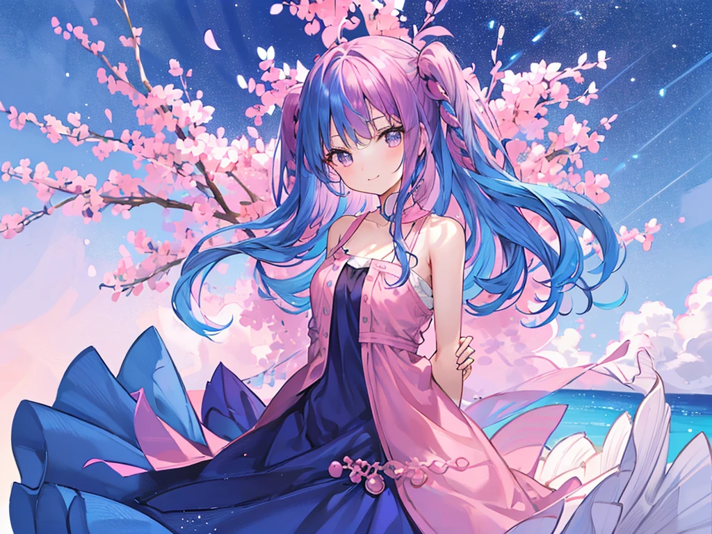 Navy Blue Dress, Light brown eyes, Beautiful fine details、 Shining Eyes, (((Pink-blue hair)))、Multicolored Hair、Inner Color、28歳woman、Shortcuts、1 girl、Big smile、Beautiful sky、8K background、Medium Chest、whole body、woman、((((Place your arms behind your back)))),No sleeve、Soap bubble background