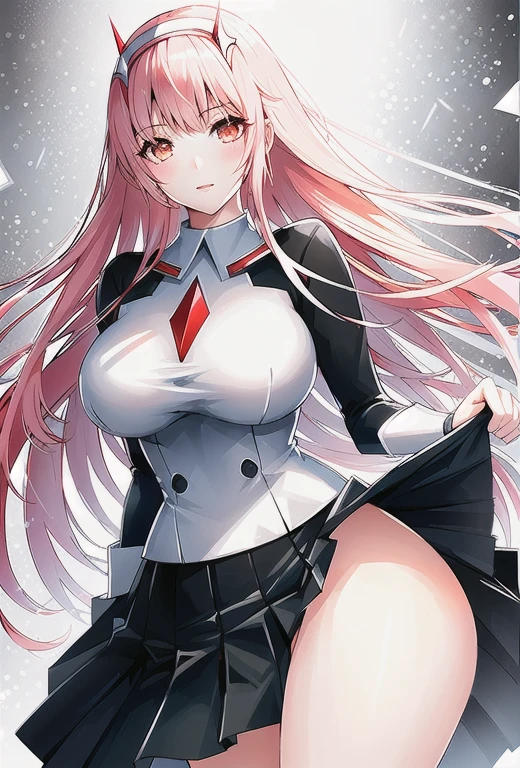 (zero_two_001:1.4), Thicc school 1girl wearing knee-length pleated skirt, Skirt pull, skirt lift, Expose, Short skirt, Gorgeous Features, Clear face, Symmetrical face, Pretty Face, Rendering the eyes, Delicate eyes, beautiful hair, Smile, Long legs, [Thick|slim] Bare thighs, Thigh clearance, Natural breasts, Symmetrical breasts, Perfect breasts, Anatomy, fit, in good shape, Dissonance, Tempting, Mature, Masterpiece Portrait, Extreme details, (character focus:1.4), Very detailed, 8k octane, HDR, Super detailed, best quality, best quality, Realistic lighting, Ultra Detailed