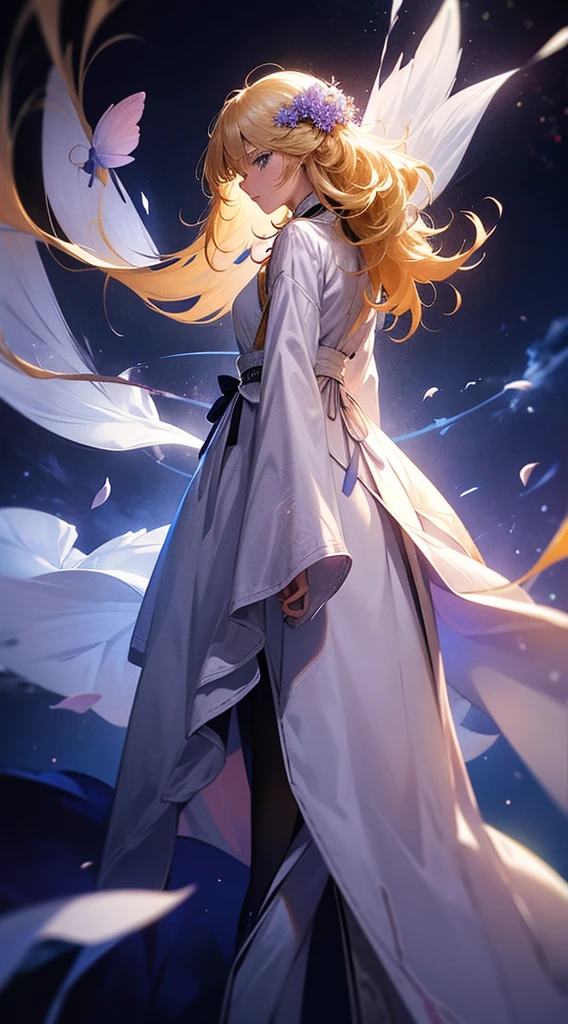 1people々々々々々,Blonde long-haired woman,White long coat, Dress Silhouette, Rear View,Space Sky, Flower Field,Colorful flowers,Fluttering petals,