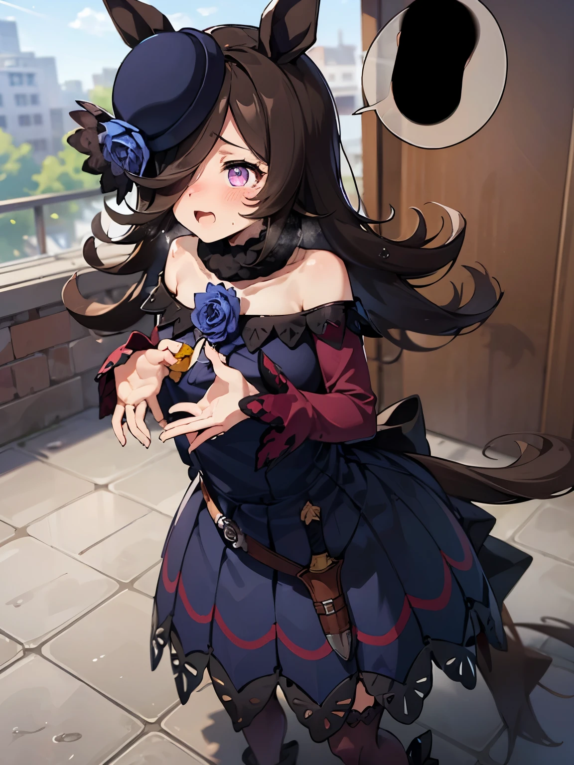 NSFW,rice shower \(umamusume\),(Perfect hands),(Perfect Anatomy),(masterpiece),(highest quality),Embarrassed,blush,Black Dress,Department Wah Street,Building shadow