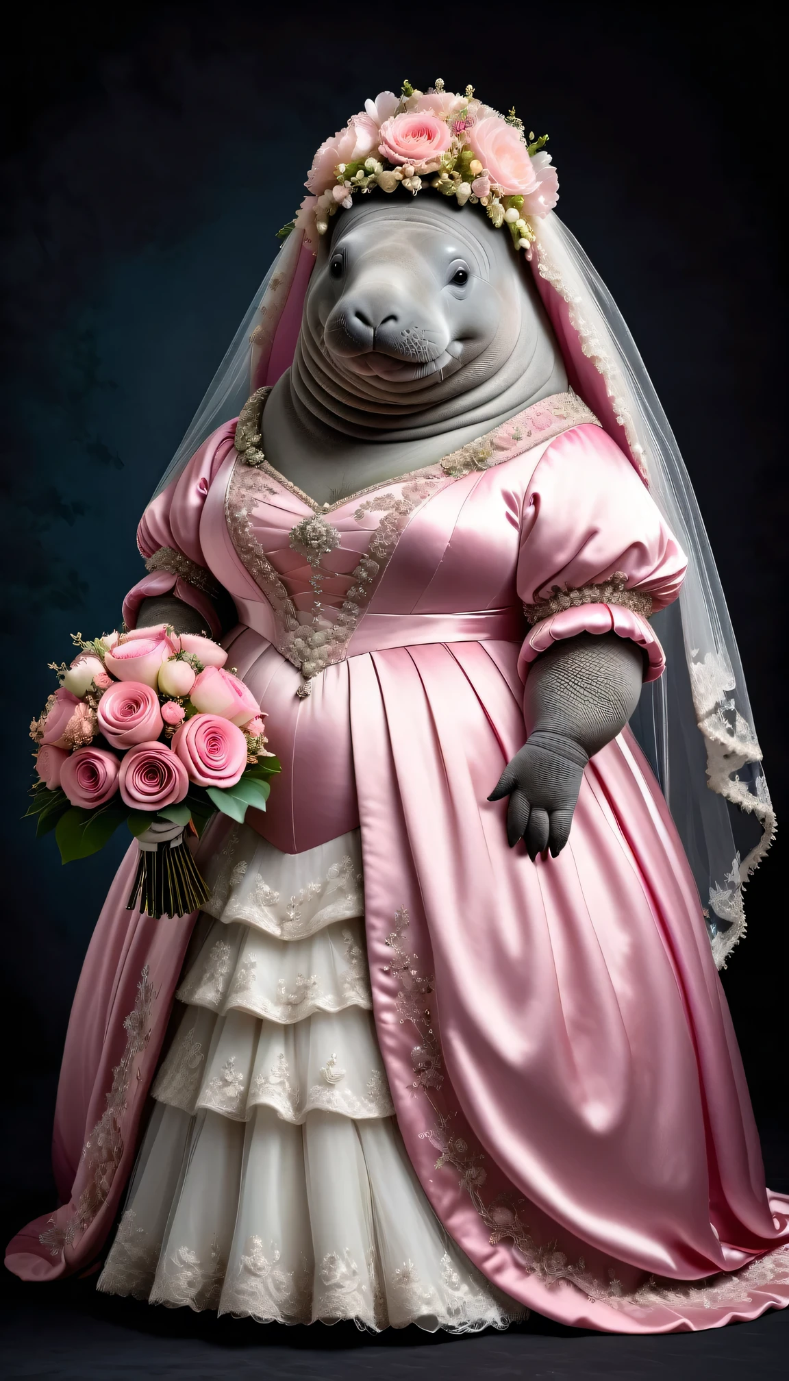 photorealistic portrait of Dressed animals - a ((fat)) manatee bride,(elegant pose),(smile),(furry), high quality,(lovely) ,intricate details, highly detailed (gothic pink wedding dress)),wearing opera globes ,wearing highly detailed veil, highly detailed decorations ,holding flower bouquet, (happy), studio lighting,(full body image:2.0)