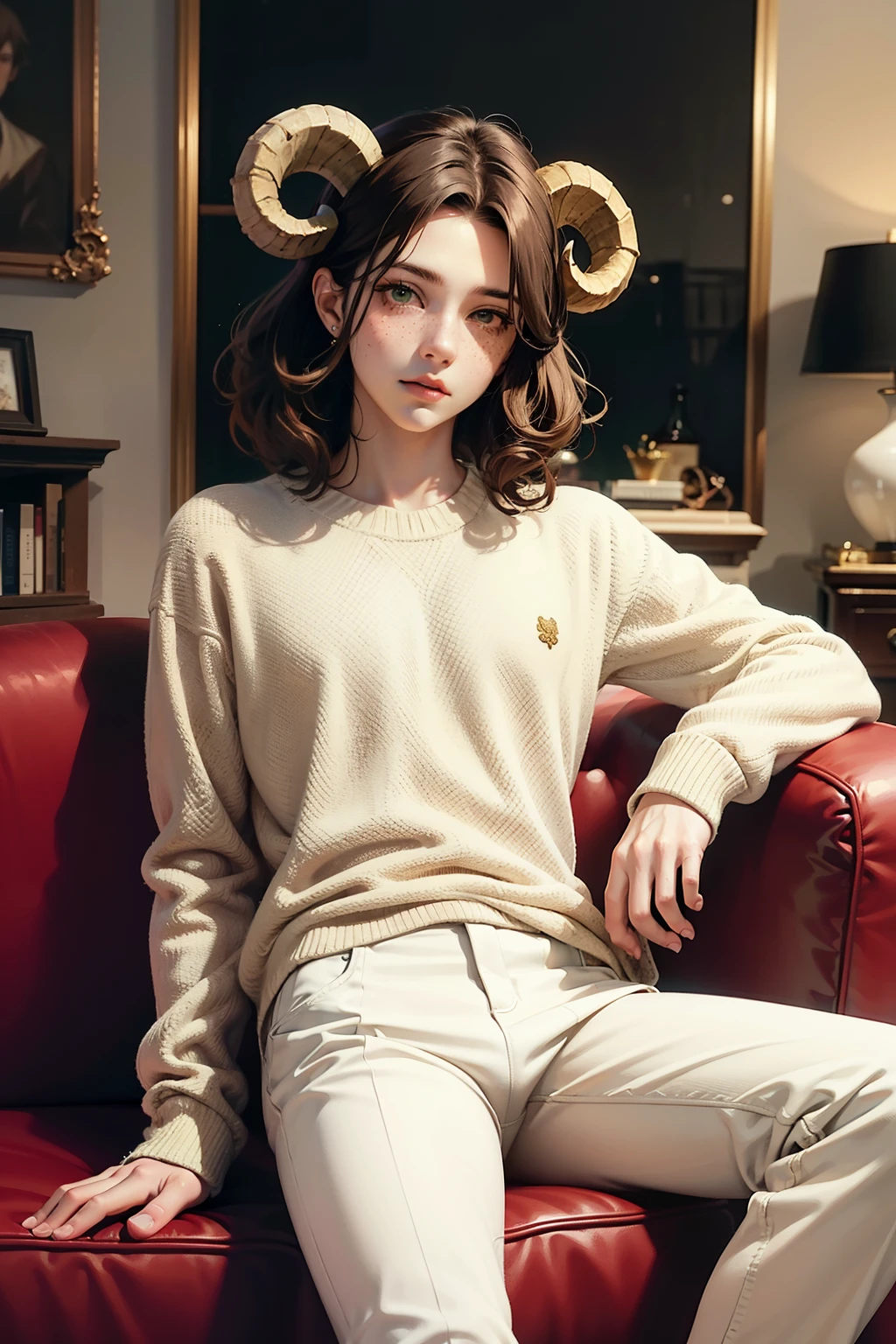 anime style,young man, brown hair, curly hair, green eyes, gentle expression, curved sheep horns, sheep ears, sheep tail, fair skin, freckles, casual clothing, pants, sitting in couch, dreamy, ethereal, cozy, colorful, ((best quality)), ((masterpiece)), (detailed), perfect face