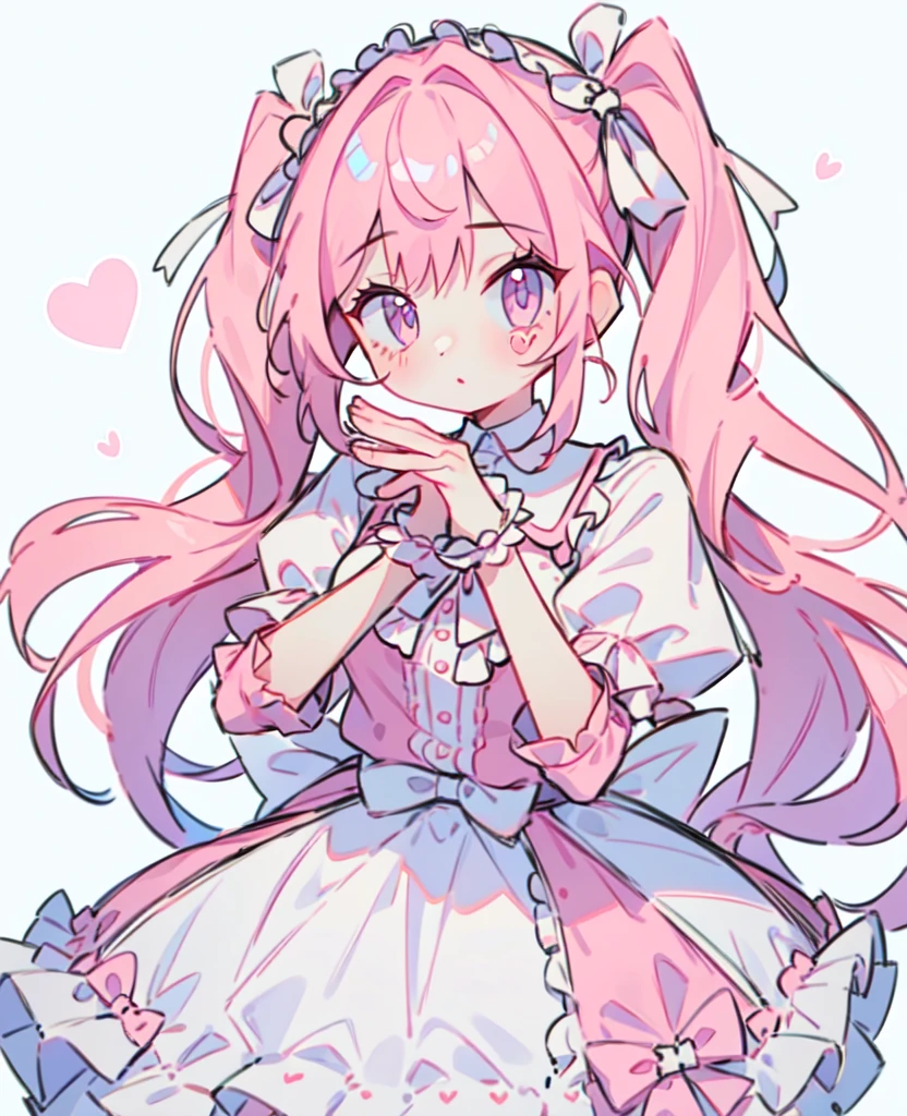 1 girl, Pink Hair, Long twin tails, Pink shirt, Fluffy collar, White fluffy skirt,  heart and your hands, White ribbon on hair, Lots of hair accessories, ****ta whore