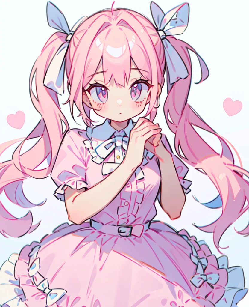 1 girl, Pink Hair, Long twin tails, Pink shirt, Fluffy collar, White fluffy skirt,  heart and your hands, White ribbon on hair, Lots of hair accessories, ****ta whore