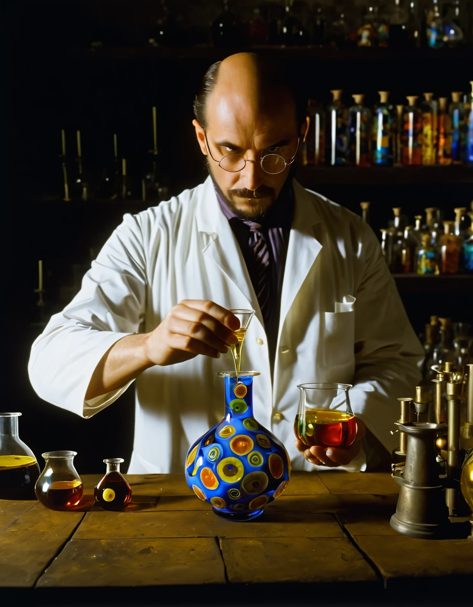 Millefiori glass style,A man in a laboratory holds a glass with liquid, He is in the alchemy laboratory, mad 科学Home working, portrait of a rat mad Home, Mr.&#39;s poetic sequence. Clean, experiment in laboratory, elite Home, Portrait of a male water mage, Home, In the underground laboratory, Fox in a white coat, molecular