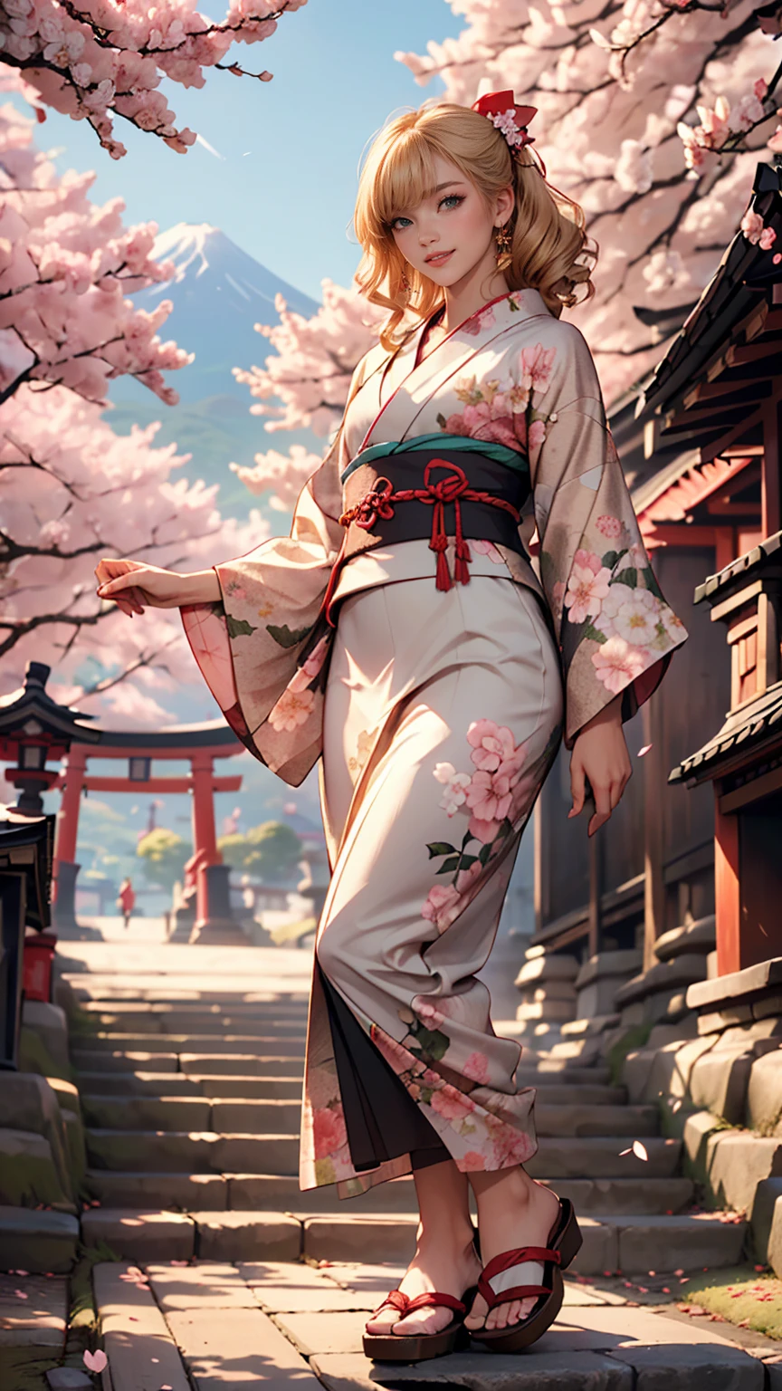 (((masterpiece: 1,5, highest quality, High resolution, Super Resolution, Super detailed: 1,2, Rich background: 1,4))), (close), (One girl), alone, Green Eyes, blonde long hair tied with blue ribbon, hair ornaments, Blunt bangs, smile, high school girl, Mid-chest, ((null中に手を上げる)), kimono, (Blue short-patterned kimono), Sandals, ribbon, heart, ((Outdoor)), Cherry Blossom, (torii), Stone stairs, null (afternoon), Cherry Blossoms fall, ((Dramatic Light: 1,3)), cloudy, (Mt.Fuji scenery)