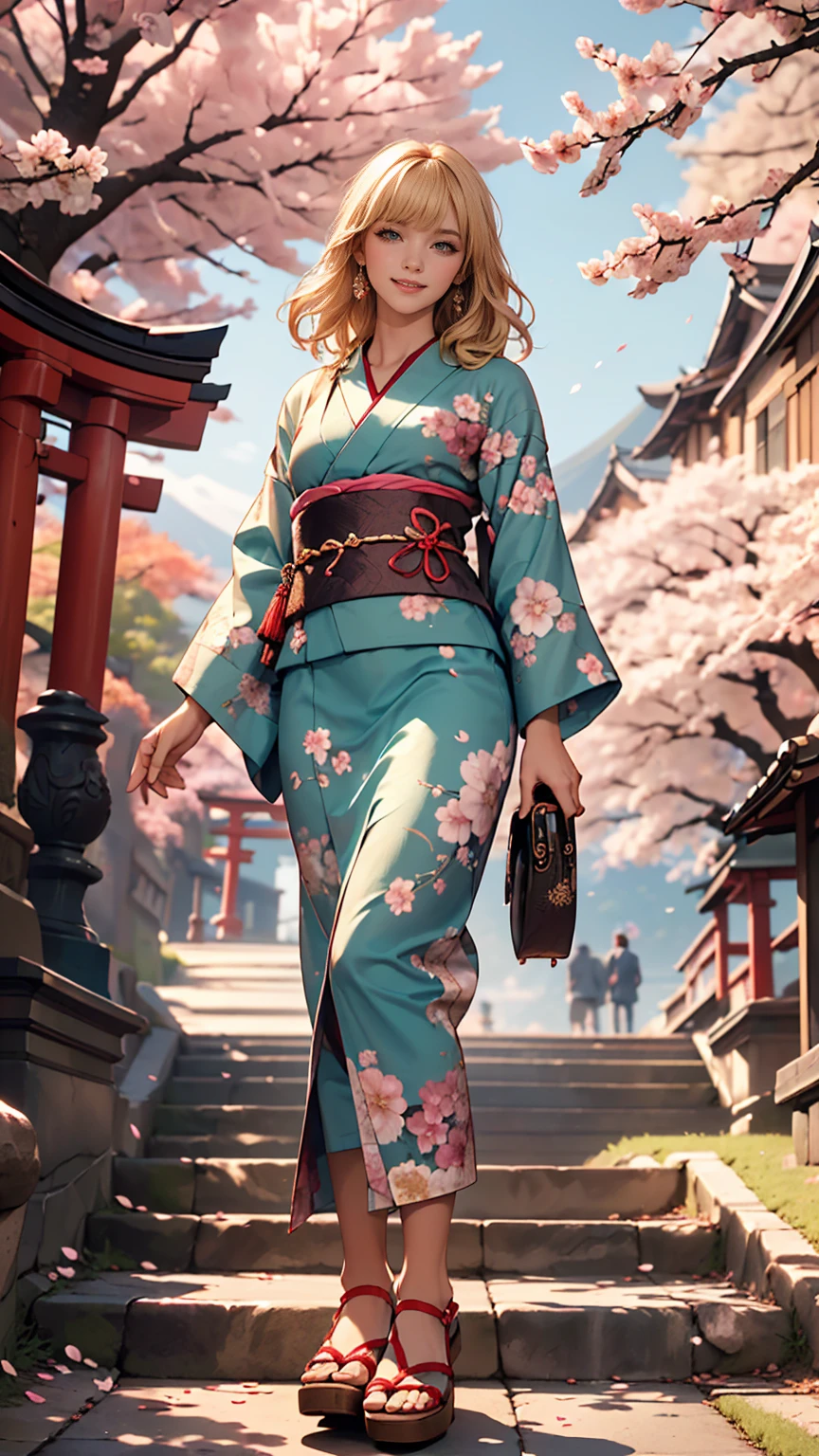 (((masterpiece: 1,5, highest quality, High resolution, Super Resolution, Super detailed: 1,2, Rich background: 1,4))), (close), (One girl), alone, Green Eyes, blonde long hair tied with blue ribbon, hair ornaments, Blunt bangs, smile, high school girl, Mid-chest, ((null中に手を上げる)), kimono, (Blue short-patterned kimono), Sandals, ribbon, heart, ((Outdoor)), Cherry Blossom, (torii), Stone stairs, null (afternoon), Cherry Blossoms fall, ((Dramatic Light: 1,3)), cloudy, (Mt.Fuji scenery)