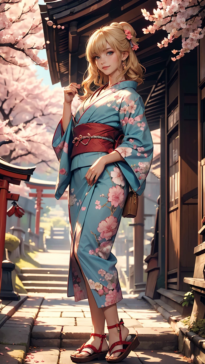 (((masterpiece: 1,5, highest quality, High resolution, Super Resolution, Super detailed: 1,2, Rich background: 1,4))), (close), (One girl), alone, Green Eyes, blonde long hair tied with blue ribbon, hair ornaments, Blunt bangs, smile, high school girl, Mid-chest, ((null中に手を上げる)), kimono, (Blue short-patterned kimono), Sandals, ribbon, heart, ((Outdoor)), Cherry Blossom, (torii), Stone stairs, null (afternoon), Cherry Blossoms fall, ((Dramatic Light: 1,3)), cloudy, (Mt.Fuji scenery)