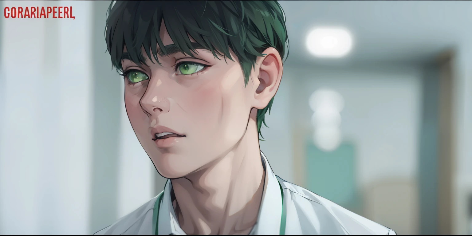 He has green hair, green eyes, he is surprised, he is 16 years old, white shirt.