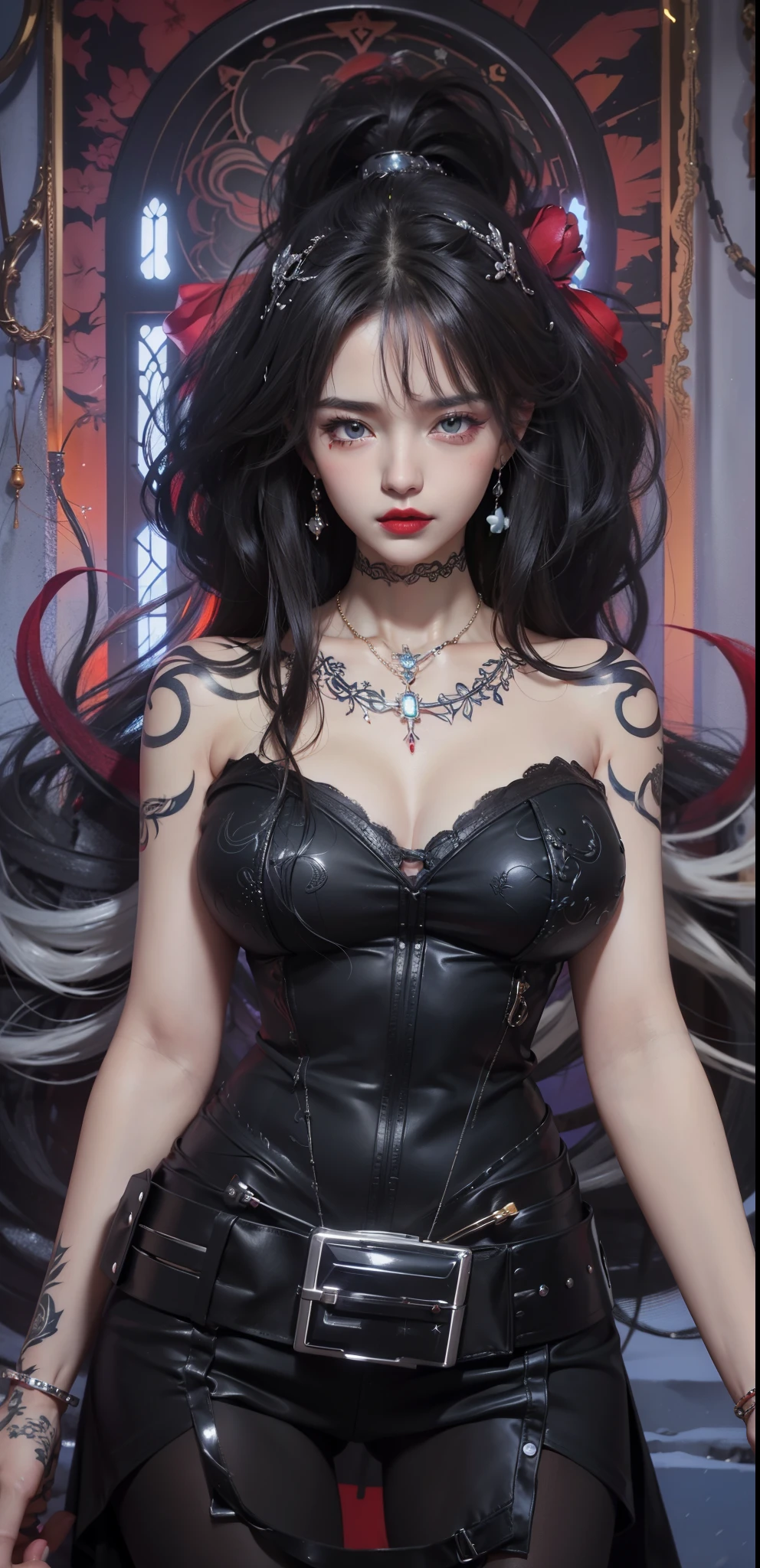 short sleeves,off shoulder, dress, Beautiful devil woman from hell, (in the darkness: 1.6), Surreal female portrait by David Hockney and Alphonse Mucha, fantasy art, korean doll, photorealism, dynamic lighting, art station, poster, Volumetric lighting, The facial details are very rich, 8k, in the darkness, deep shadow, low pitch, (knee shot), long hair, black hair, luxurious palace, royal style, Demon Crown, Red eye makeup is very sharp and detailed, the most beautiful face, normal breast, Surreal, charming smile, Eye makeup is very good, Gurwitz, devil style, red and black lips, Devil tattoo on shoulder, The weather is gloomy and thunderous, (portrait), Protagonist close-up, (Background details 1.8),nude ,show tits