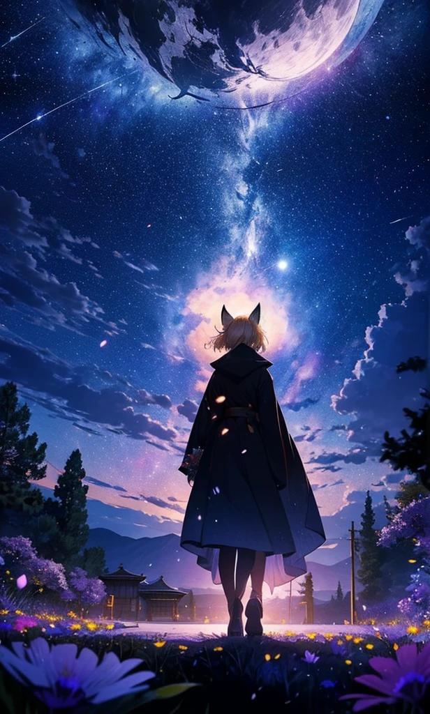 1people々々々々々々々々々,Woman with medium length blonde hair,Fox Ears,Long coat,Takageta, Dress Silhouette, Rear View,Space Sky, Flower Field,Colorful flowers,Dancing Petals,full moon,shrine,