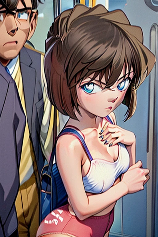 grasp,((Haibara ai was grabbed on her buttocks by the old man in discotheque)),School Uinfrom, Pleated skirt, ((White pantie)),(White bra), 2 Man, (molesting), Man grabbing girl's buttocks in discotheque,Man grabbing girl's chest in discotheque,(small breasts),no bra,