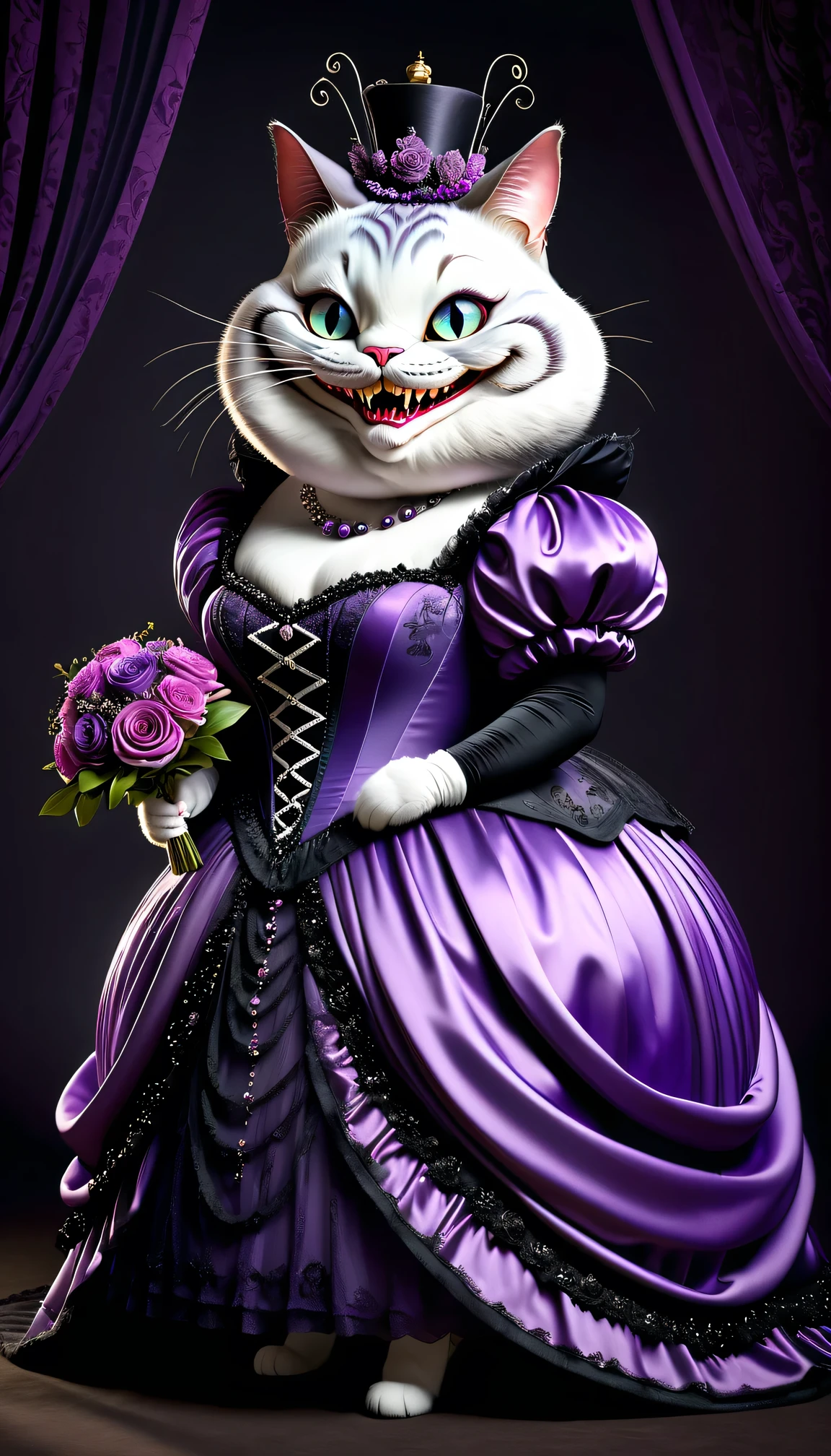 photorealistic portrait of Dressed animals - a ((fat)) Cheshire cat bride,(elegant pose),(creepy smile),(furry), high quality,(lovely) ,intricate details, highly detailed (gothic purple wedding dress)),wearing opera globes ,wearing highly detailed veil, highly detailed decorations ,holding flower bouquet, (happy), studio lighting,(full body image:2.0)