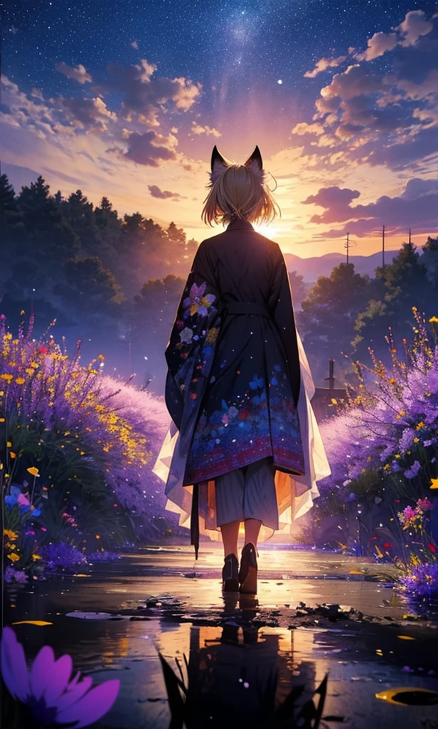 １people々々々々々々々々々,Woman with medium length blonde hair，Fox Ears，Long coat，Takageta， Dress Silhouette， Rear View，Space Sky, Flower Field，Colorful flowers，Dancing Petals，full moon，shrine，