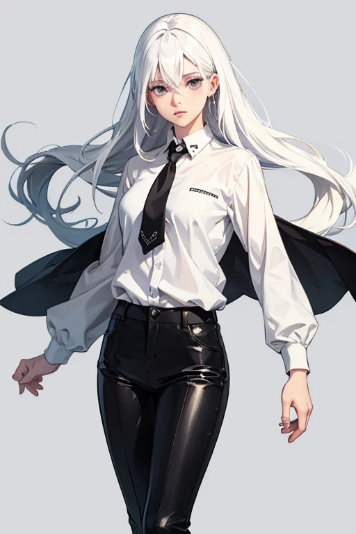 An anime girl with white hair wearing black pants and a white shirt, single character telegraph, Characters in fairy tale style, various color backgrounds