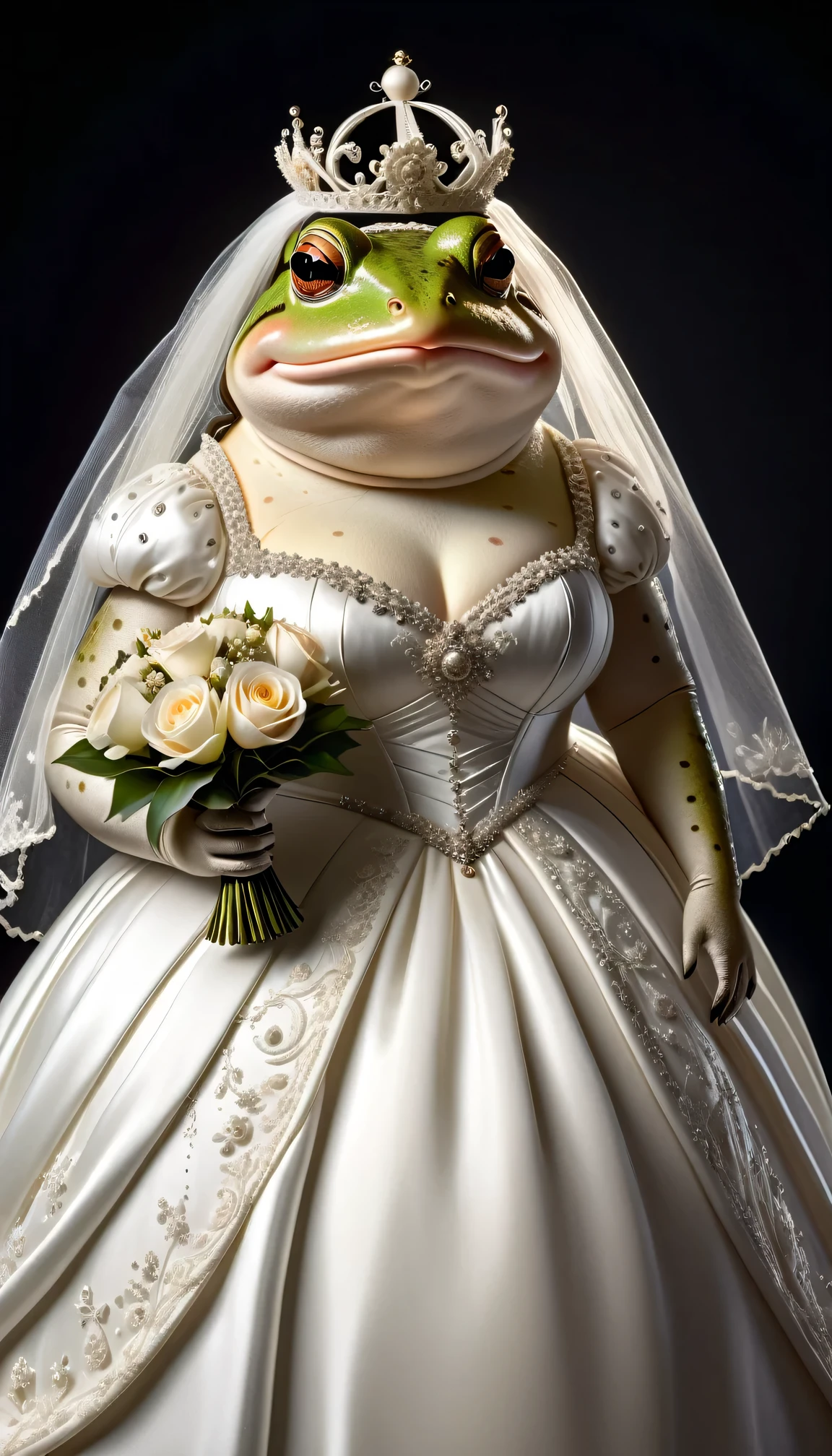 photorealistic portrait of Dressed animals - a ((fat)) toad bride,(elegant pose),(smile),(furry), high quality,(lovely) ,intricate details, highly detailed (gothic white wedding dress)),wearing opera globes ,wearing highly detailed veil, highly detailed decorations of dress ,holding flower bouquet, (happy), studio lighting,(full body image:2.0)